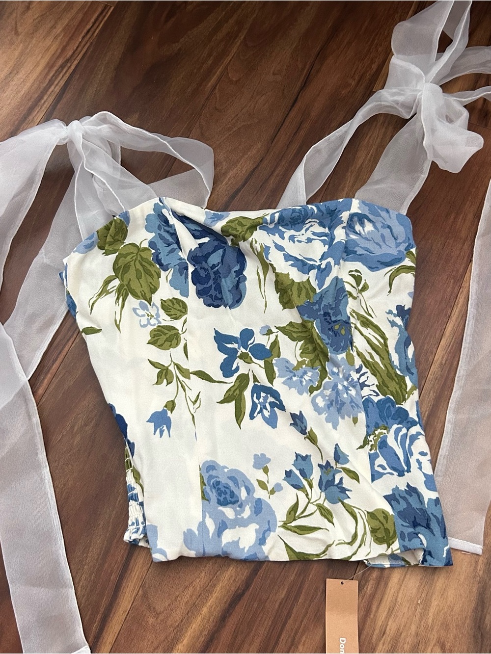 Reformation Blue Olive and White Floral Tie-Strap Bustier Camisole